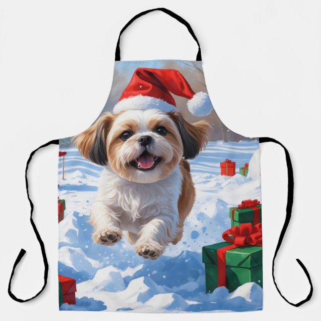 Shih Tzu läuft in Snow mit Weihnachtshut Schürze (Vorderseite)