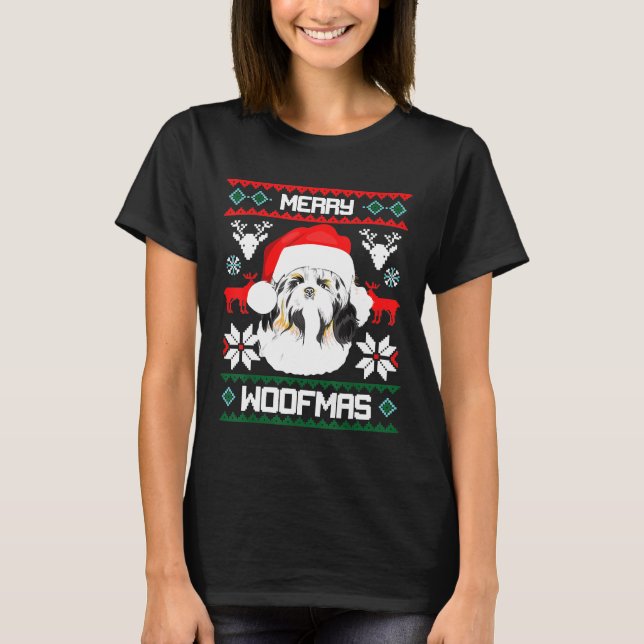 Shih Tzu Merry Woofmas zu Weihnachten Löwe Dog Xma T-Shirt (Vorderseite)