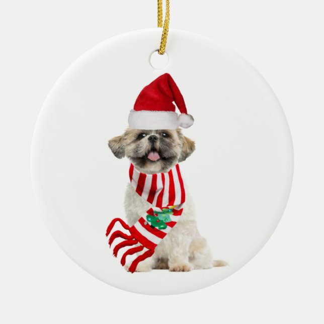 Shih tzu mit Hat Scaft Weihnachten Keramik Ornament (Vorne)