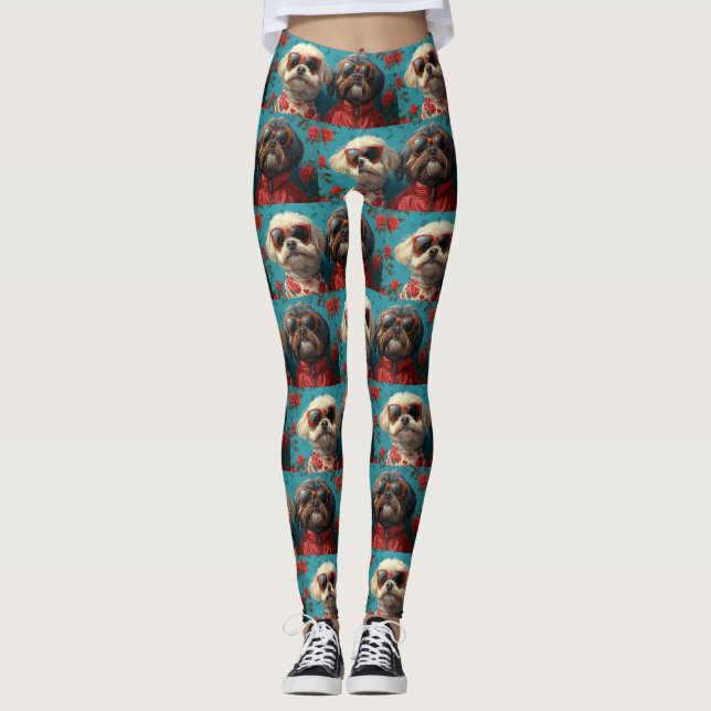 Shih Tzu mit Herz-Rose Valentinstag Leggings (Vorderseite)