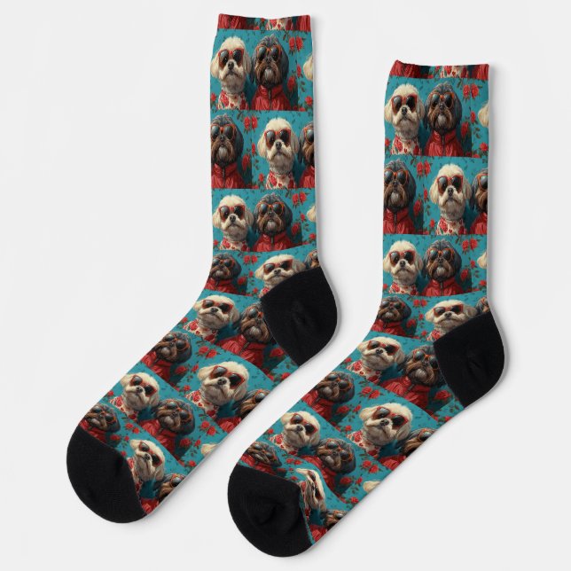 Shih Tzu mit Herz-Rose Valentinstag Socken (Linkes Detail)