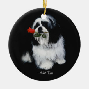 Shih Tzu mit Rose Keramik Ornament