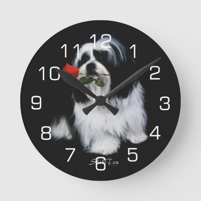 Shih Tzu mit Rose Runde Wanduhr (Vorderseite)