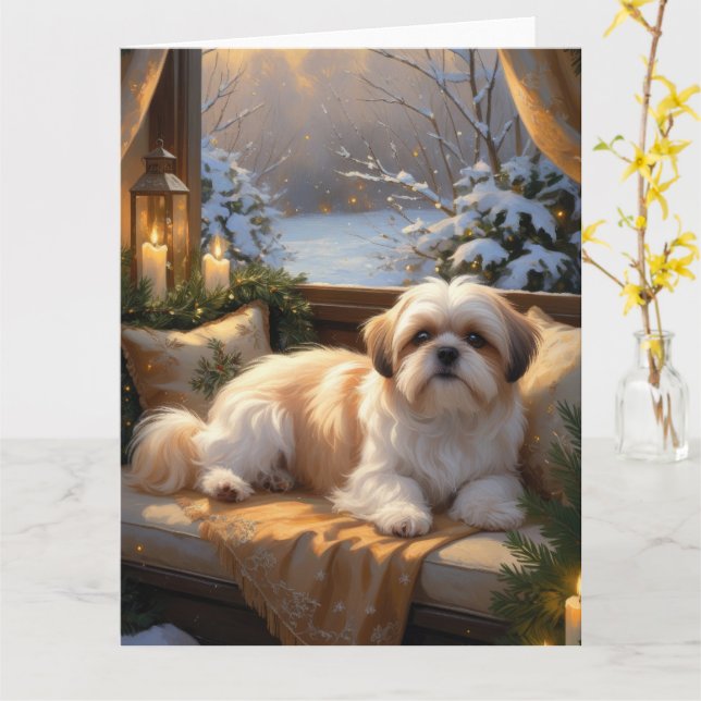 Shih Tzu mit Weihnachtsbeleuchtung Urlaub Karte (Gelbe Blume)