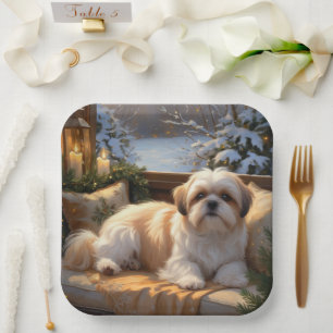 Shih Tzu mit Weihnachtsbeleuchtung Urlaub Pappteller