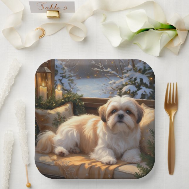 Shih Tzu mit Weihnachtsbeleuchtung Urlaub Pappteller (Hochzeit)