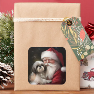 Shih Tzu mit Weihnachtsmann Festives Weihnachten Quadratischer Aufkleber