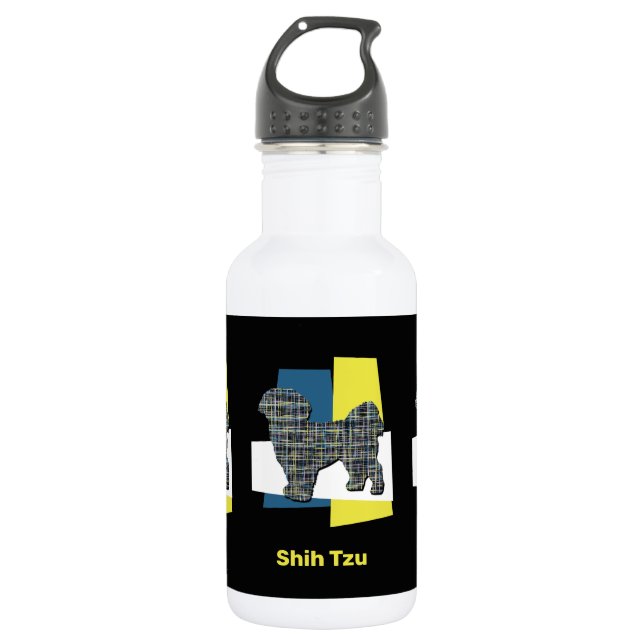 Shih Tzu Niedlich Hund Silhouette Y&B Grid Edelstahlflasche (Vorderseite)