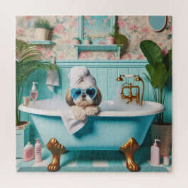 Shih Tzu nimmt ein Bubble Bath Puzzle