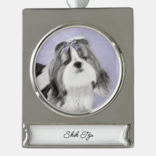 Shih Tzu Painting - Niedliche Original Hundekunst  Banner-Ornament Silber