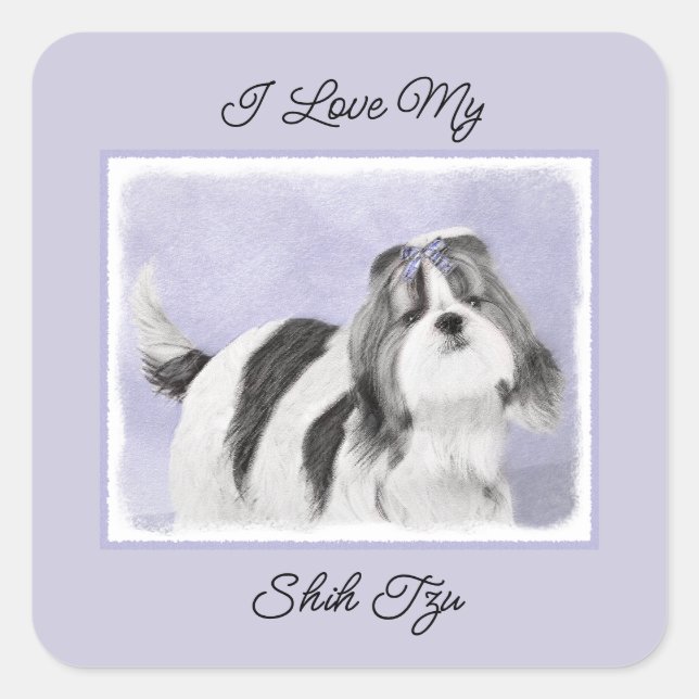 Shih Tzu Painting - Niedliches Original Dog Art Sq Quadratischer Aufkleber (Vorderseite)
