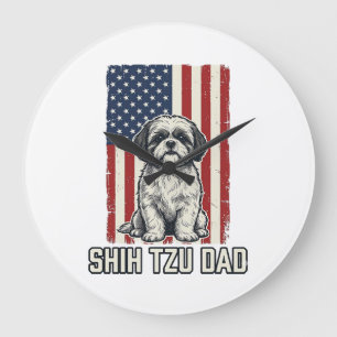 Shih Tzu Papa patriotisches Flagge Vintage Hundesh Große Wanduhr