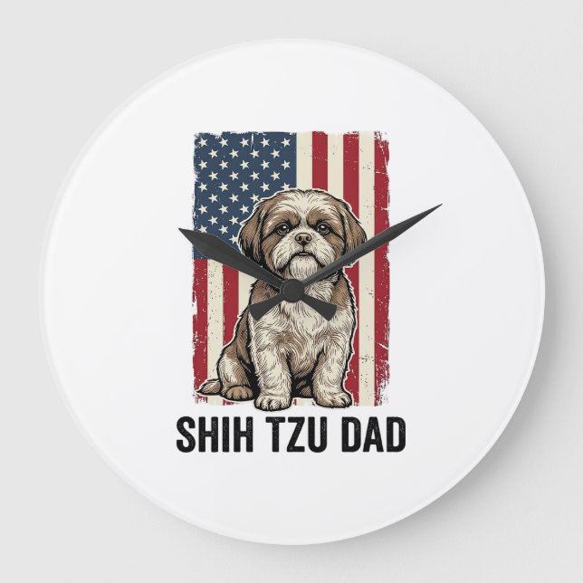Shih Tzu Papa Patriotisches Vintage-Hunde-Shirt-De Große Wanduhr (Vorderseite)