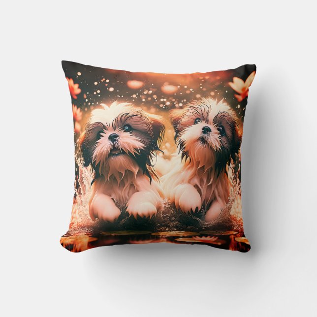 "Shih Tzu Pond Play" Kissen (Vorderseite)