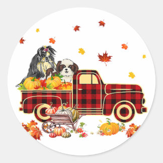 Shih Tzu Pumpkin Truck | Fall Leaf Thanksgiving Runder Aufkleber