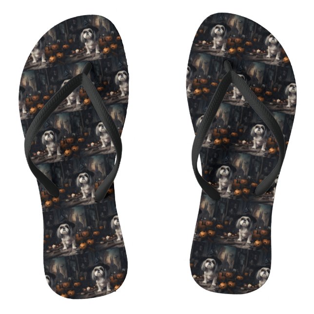 Shih Tzu Pumpkins Halloween Beängstigend Flip Flops (Fußbett)