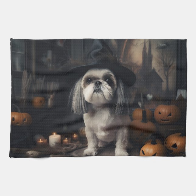 Shih Tzu Pumpkins Halloween Beängstigend Geschirrtuch (Horizontal)