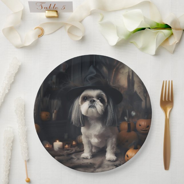 Shih Tzu Pumpkins Halloween Beängstigend Pappteller (Hochzeit)