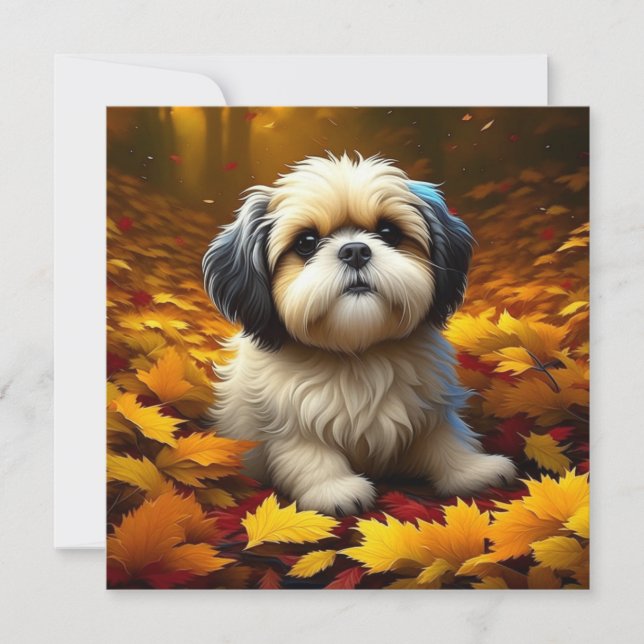 Shih Tzu Puppy Dog Spielen in Herbstlauben (Vorderseite)