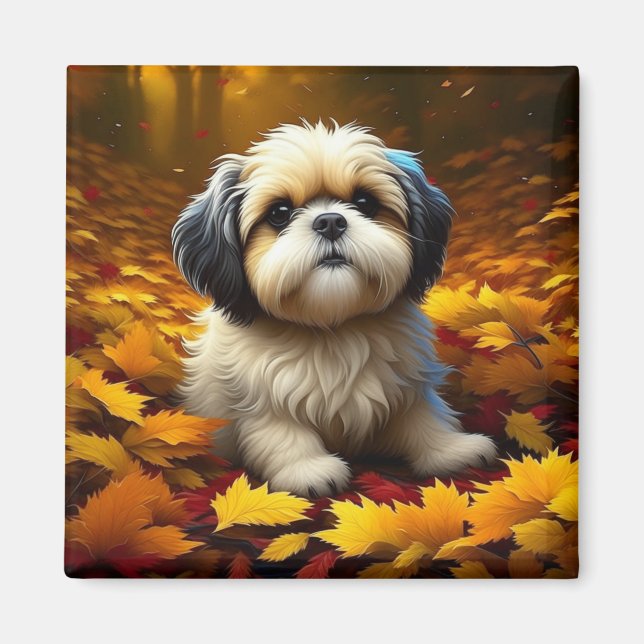 Shih Tzu Puppy Dog Spielen in Herbstlauben Magnet (Vorne)