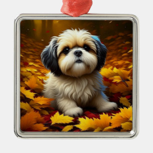 Shih Tzu Puppy Dog Spielen in Herbstlauben Ornament Aus Metall