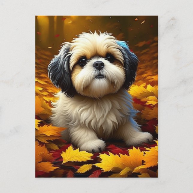 Shih Tzu Puppy Dog Spielen in Herbstlauben Postkarte (Vorderseite)