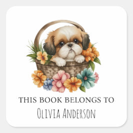 Shih Tzu Puppy in Blume Basket Dieses Buch gehört Quadratischer Aufkleber