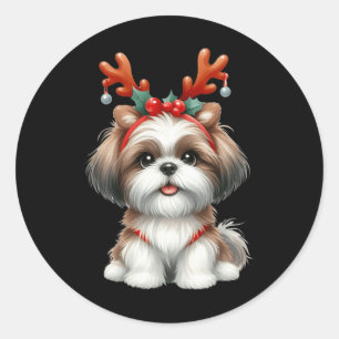 Shih Tzu Reindeer Weihnachtsmannmütze Xmas Lights  Runder Aufkleber