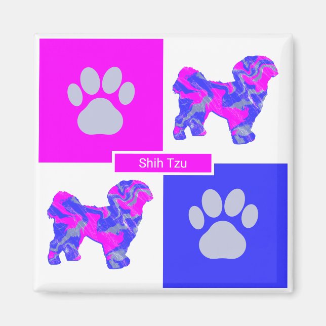 Shih Tzu Silhouette Dog & Paw Pink und Blue Square Magnet (Vorne)