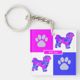 Shih Tzu Silhouette Dog & Paw Pink und Blue Square Schlüsselanhänger