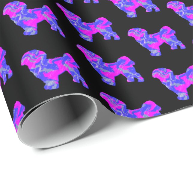 Shih Tzu Silhouette Pink & Blue Dog Black Paper Geschenkpapier (Rolleneckpunkt)