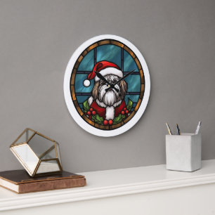Shih Tzu Stached Glass Christmas Große Wanduhr