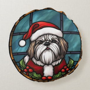 Shih Tzu Stached Glass Christmas Rundes Kissen