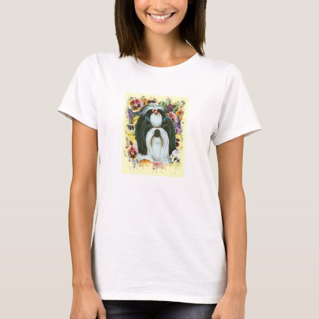 Shih Tzu und Stiefmütterchen Art Print T-Shirt (Vorderseite)