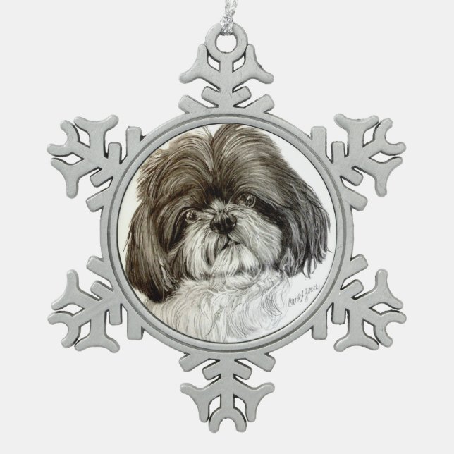 Shih tzu Verzierung durch Carol Zeock Schneeflocken Zinn-Ornament (Vorderseite)