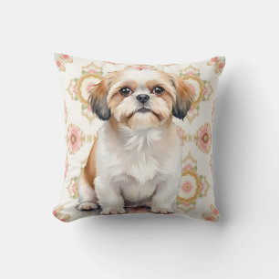 Shih Tzu Wasserfarben-Blumenmedaillon-Kunst Kissen