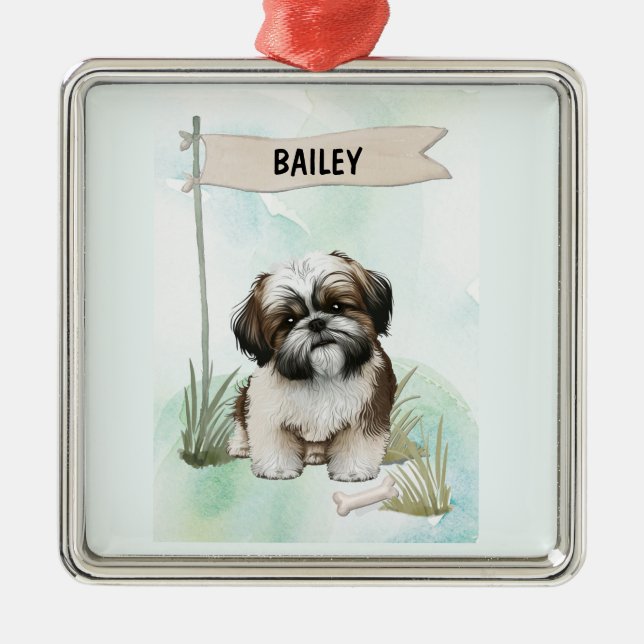  Shih Tzu Watercolor Personalized Dog Ornament Aus Metall (Vorne)