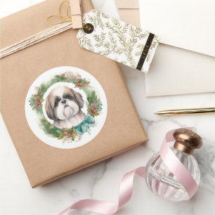 Shih Tzu Weihnachts-Kranz Festlicher Hund Runder Aufkleber