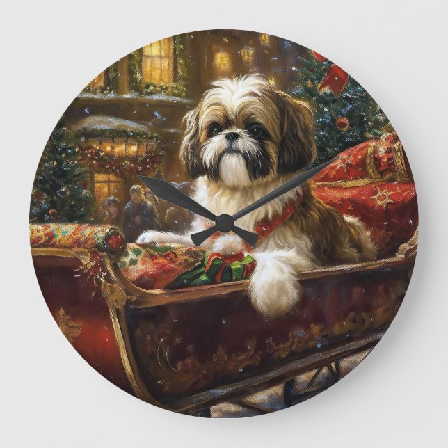 Shih Tzu Weihnachtsfeiertag Große Wanduhr (Vorderseite)