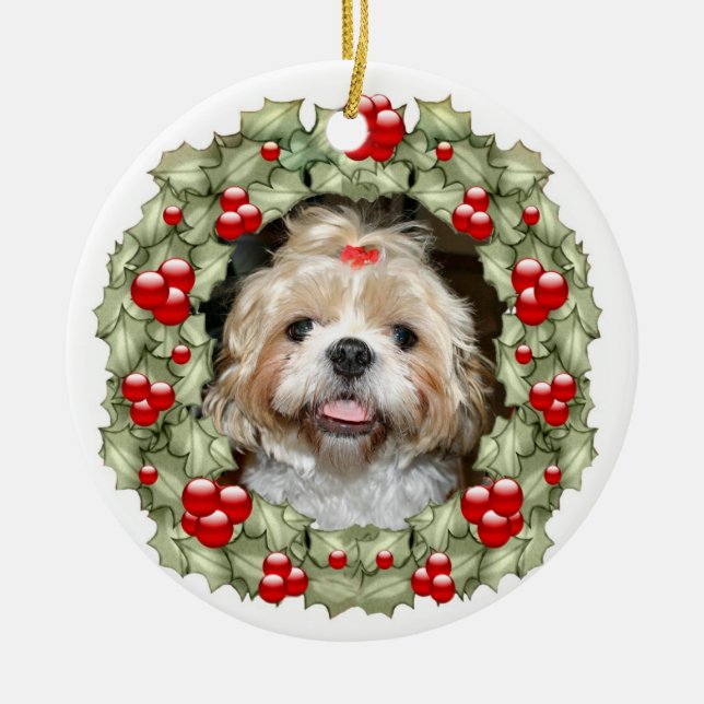 Shih Tzu Weihnachtskranz Keramikornament (Vorne)