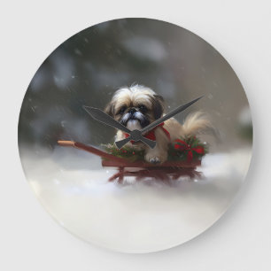 Shih Tzu Weihnachtsschnee Winter Große Wanduhr