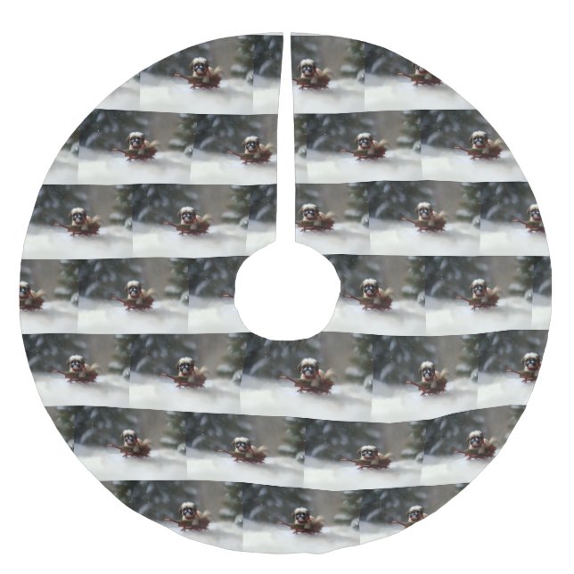Shih Tzu Weihnachtsschnee Winter Polyester Weihnachtsbaumdecke (Vorderseite)