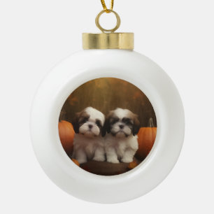 Shih Tzu Welpe Herbstfreude Kürbis Keramik Kugel-Ornament