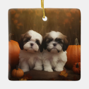 Shih Tzu Welpe Herbstfreude Kürbis Keramikornament