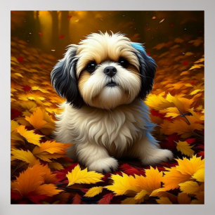 Shih Tzu-Welpe spielt in Herbstlaub   Poster