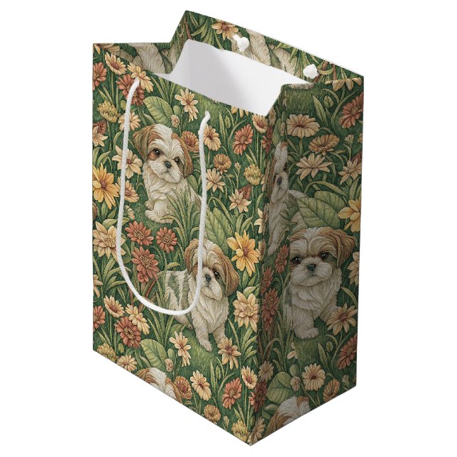 Shih Tzu Welpen in einem William Morris Style Gart Mittlere Geschenktüte (Vorderseite Schrägansicht)