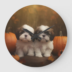 Shih Tzu Welppy Autumn Delight Pumpkin Große Wanduhr