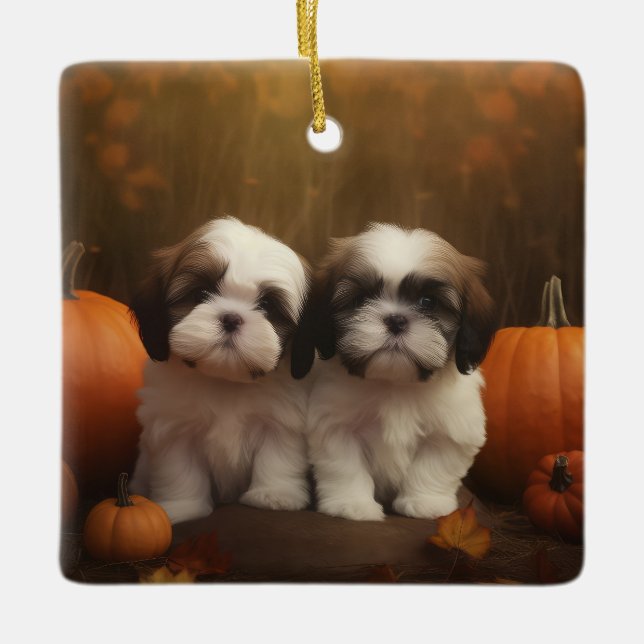 Shih Tzu Welppy Autumn Delight Pumpkin Keramikornament (Vorderseite)