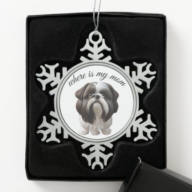 Shih Tzu - Wo ist meine Mama Schneeflocken Zinn-Ornament (Box)