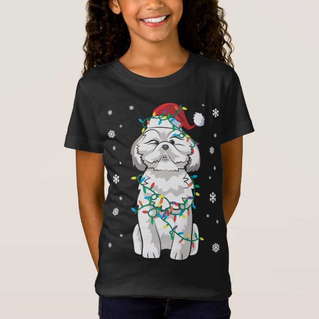 Shih Tzu wrapped in Christmas Lights Dog T-Shirt (Vorderseite)